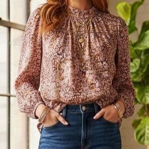 Abstract Floral Mock Neck Long Sleeve Viscose Blouse Hinge Mauve Pink Size S Sma